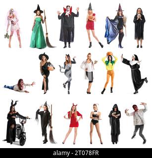 Set von Menschen in Halloween-Kostümen auf weißem Hintergrund Stockfoto