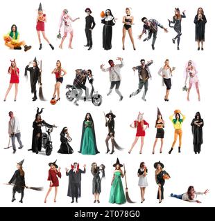 Set von vielen Menschen in Halloween Kostümen isoliert auf weiß Stockfoto