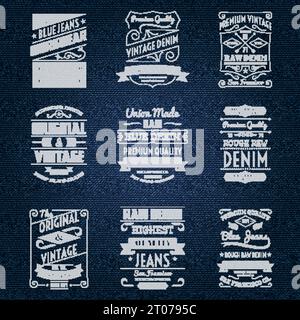 Denim Jeans weiße Typografie-Labels setzen isolierte Vektorgrafik Stock Vektor