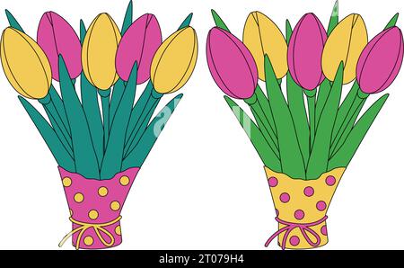 Set mit 2 bunten Tulpenstrauß aus Geschenkpapier in trendigen Frühlingsfarben in knalligem Rosa und Gelb. Vektor. EPS. Design für Gruß- oder Einladungskarten, Preisschilder, Etiketten oder Web, Poster, Banner Stock Vektor