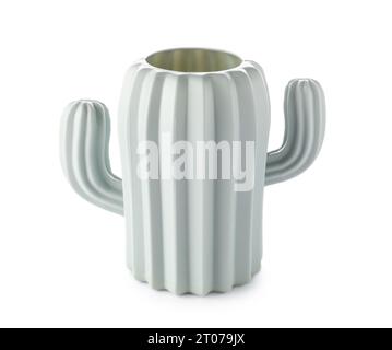 Stilvoller Schreibtischhalter in Kaktusform auf weißem Hintergrund Stockfoto