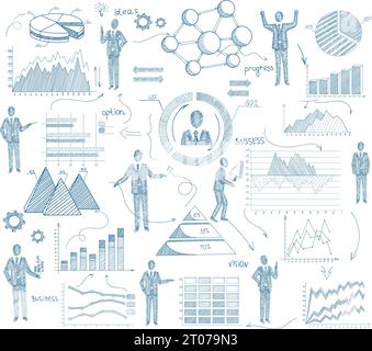 Business-Management-Konzept mit Skizze Menschen und Diagramme Vektor-Illustration Stock Vektor