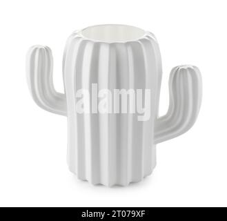 Stilvoller Schreibtischhalter in Kaktusform auf weißem Hintergrund Stockfoto