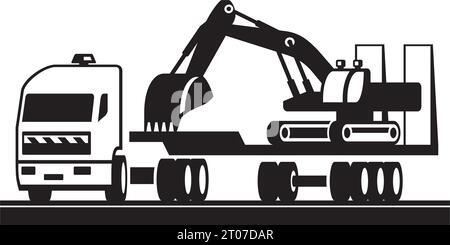 Lkw mit schweren Baumaschinen – Vektorillustration Stock Vektor