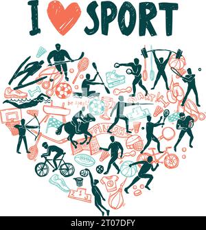 Lieben Sie das Sportkonzept mit handgezeichneten Athleten in der Vektorgrafik „Hears“ Stock Vektor