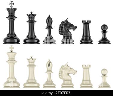 Schwarz-weiße Schachfiguren in Reihe. 3D-Rendering Stockfoto
