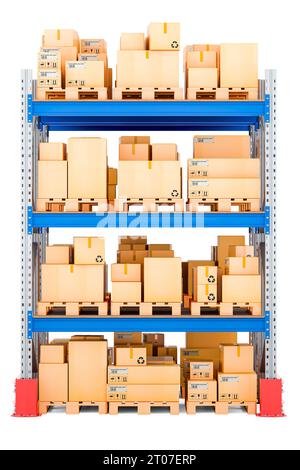 Palettenregal mit Kartons und Paketen, 3D-Rendering isoliert auf weißem Hintergrund Stockfoto