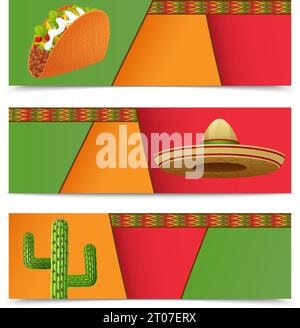 Mexikanische Banner horizontal mit Taco Sombrero Kaktus isoliert Vektor-Illustration gesetzt Stock Vektor