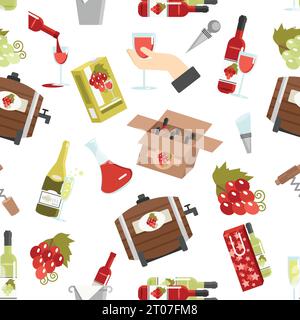 Wein in Flaschen Fässer und Gläser mit Zubehör Farbe nahtlose Muster Vektor-Illustration Stock Vektor