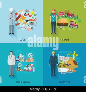 Beruf Design-Konzept-Set mit Herd Landwirt Ingenieur flache Symbole isoliert Vektor-Illustration Stock Vektor