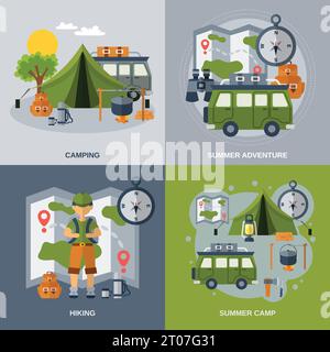 Camping Design-Konzept mit Wandern und Sommer Abenteuer flache Symbole isoliert Vektor-Illustration gesetzt Stock Vektor