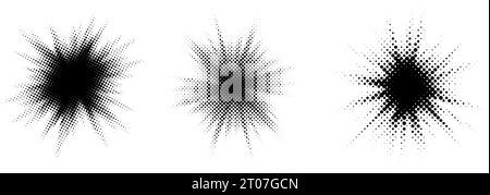 Halbton-Berstelement-Set. Pop Art gepunktete Explosionsexplosion-Kollektion. Comic Light Star Glow mit Grunge Textur Effekt. Abstraktes Retro-Shine-Sternchen zur Dekoration. Vector pixelated Splash Pack Stock Vektor