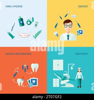 Zahnärztliche Behandlung Pflege und Mundhygiene flache Farbe dekorative Icon Set isoliert Vektor-Illustration Stock Vektor