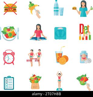 Weight Loss gesunde Ernährung Plan flache Symbole mit natürlichen Lebensmitteln und Schuppen abstrakt isoliert Vektor-Illustration gesetzt Stock Vektor