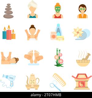 Symbole für Spa und Körperpflege, flache isolierte Vektordarstellung Stock Vektor