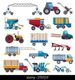 Symbole für landwirtschaftliche und landwirtschaftliche Maschinen mit Traktor kombinieren und pflügen flach isoliert Vektor-Illustration gesetzt Stock Vektor