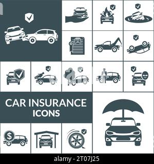 Kfz-Versicherung und Transportunfälle Symbole schwarz Satz isoliert Vektor-Illustration Stock Vektor