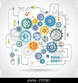 Zahnräder Getriebe mechanischen Mechanismus Detail Rotation Arbeitsschema mit Relaisschalter und Start-Taste abstrakte Vektor-Illustration Stock Vektor