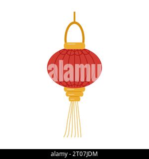 Festliche chinesische Laterne. Rundes Rot mit Muster und Fransen. Entwerfen Sie einen Flyer, ein Banner. Vektorabbildung Stock Vektor
