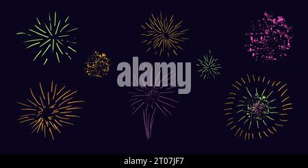 Setzen Sie Farbe Feuerwerk dunkler Hintergrund. Festliches Thema. Design von Bannern, Flyern, Grußkarten. Party, Weihnachten, Geburtstag. Vektorabbildung... Stock Vektor