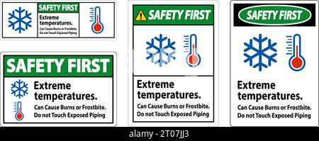 Sicherheitshinweis Extreme Temperaturen, kann Verbrennungen oder Erfrierungen verursachen, freiliegende Rohre nicht berühren Stock Vektor