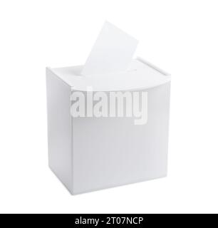 Wahlurnen mit isolierter Stimme auf Weiß. Zeit für die Wahl Stockfoto