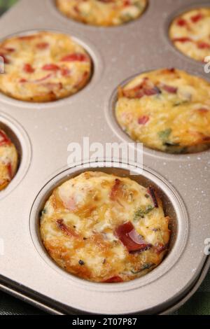 Frisch gebackener Speck und Eiermuffins mit Käse in der Dose, Nahaufnahme Stockfoto