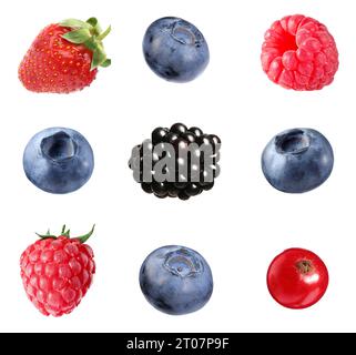 Frische Heidelbeeren und andere Beeren isoliert auf weiß, Set Stockfoto