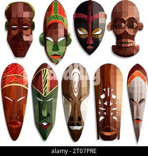 Set von realistischen afrikanischen geschnitzten Masken aus Holz mit buntem Ornament auf weißem Hintergrund isoliert Vektor-Illustration Stock Vektor