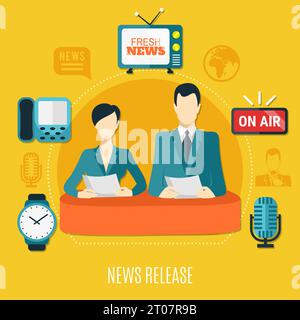 Pressemitteilung Design-Komposition mit männlichen und weiblichen Fernsehansagern lesen Nachrichten auf Luft flache Vektor-Illustration Stock Vektor