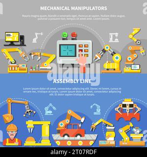 Zwei horizontale Roboterarm-Komposition mit mechanischen Manipulatoren und Beschreibung der Montagelinie Vektorgrafik Stock Vektor
