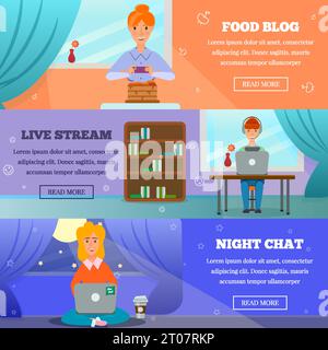 Beliebte Blogger Zeichen Beiträge Themen 3 horizontale Banner mit Life Stream Nacht Chat Kochen Vektor Illustration gesetzt Stock Vektor