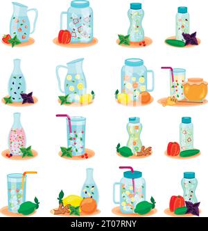 Detox Wasser in Getränkeflaschen Glas Karaffe flache Icons Sammlung mit Zitrone Honig Minze isoliert Vektor-Illustration Stock Vektor