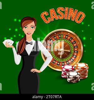 Cartoon Casino realistische grüne Komposition mit Mädchen Croupier und Russian Roulette hinter ihrer Vektor-Illustration Stock Vektor