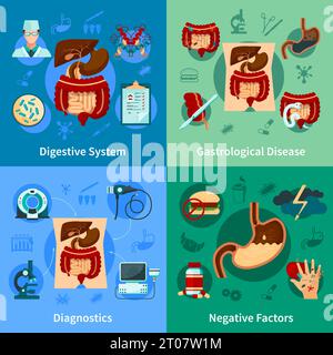 Vier quadratische farbige Verdauungssystem Symbol-Set mit Diagnose gastrologische Krankheit und negative Faktoren Beschreibungen Vektor-Illustration Stock Vektor