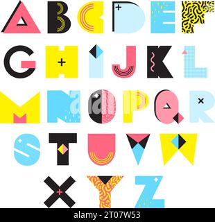 Buntes Alphabet im memphis-Stil mit Texturen und Ornamenten helle geometrische Elemente isoliert Vektor-Illustration Stock Vektor