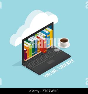 Online-Bibliothek isometrisches Design mit Büchern auf Laptop-Bildschirm Kaffeetasse Wolke auf blauem Hintergrund Vektor-Illustration Stock Vektor