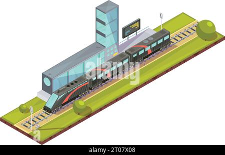 Züge Zusammensetzung der isometrischen Eisenbahn Personenzug und Stadtbahn Bilder mit Bahnhof Terminal Gebäude Vektor Illustration Stock Vektor