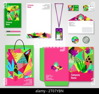 Floral Corporate Identity helle bunte moderne Vorlagen Sammlung mit Badge Tasche Stift und Dokumente Ordner Vektor Illustration Stock Vektor