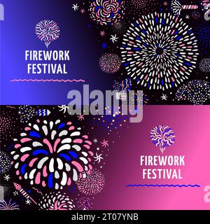 Festliches Feuerwerk radiale Spiralmuster mit Sternen 2 bunte Farbverlauf Hintergrund horizontale Banner Set isoliert Vektor-Illustration Stock Vektor