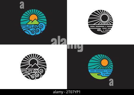 Beach-Icon-Logo, Sonne- und Meeresgezeitenwellen, flaches Design mit Silhouettenvarianten Stock Vektor