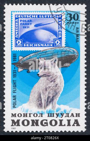 50. Jahrestag des Polarfluges 1931. Briefmarke, ausgestellt 1981 in der Mongolei. Stockfoto