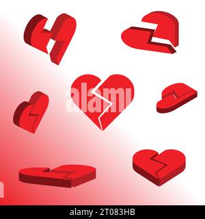3D gebrochenes rotes Herz mit verschiedenen Winkeln, Vektorsymbol für Liebe Stock Vektor