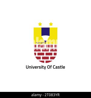 Logo des Universitätsemblems mit Ziegelstein und Bleistiftgegenstand. Stock Vektor