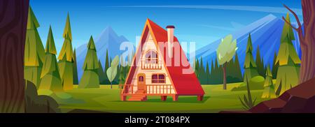 Holzhütte im Wald in der Nähe von felsigen Bergen. Cartoon-Vektor-Landschaft mit Hügeln, Waldbäumen und gemütlichem kleinen Holzhaus. Ländliches Ferienhaus oder Chalet für Sommer ökologische Erholung im Freien oder Camping. Stock Vektor