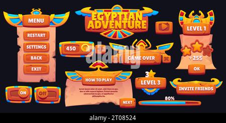 Design-Vorlagen für ägyptisches Adventure-Spiel auf schwarzem Hintergrund. Vektor-Cartoon-Illustration des Menübereichs mit goldenen Knöpfen auf antikem Pergament Textur, Punktzeichen, Fortschrittsleiste Stock Vektor
