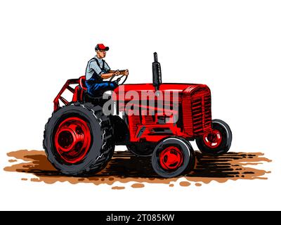 Landwirt, der einen alten roten Traktor fährt. Handgezeichnete Tinte auf Papier und handgemalt auf Tablette Stockfoto