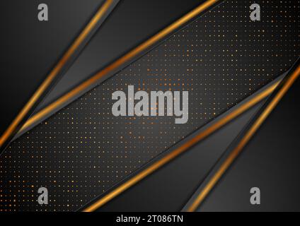 Schwarzer abstrakter Hintergrund mit luxuriösen Bronzepunkten und glatten Streifen. Geometrisches Vektordesign für Unternehmen Stock Vektor