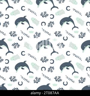 Nahtloses Muster mit Meerestieren. Blauer Delfin im Ozean zwischen Meerespflanzen und Quallen auf weißem Hintergrund. Vektorabbildung. Design für bab Stock Vektor