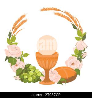 Symbole der ersten Kommunion in einer runden Komposition, Kranz. Vektor. Goldene Schüssel für Wein, Brot, Wein, Trauben, weiße Rosen. Elemente für Schönheit Stock Vektor